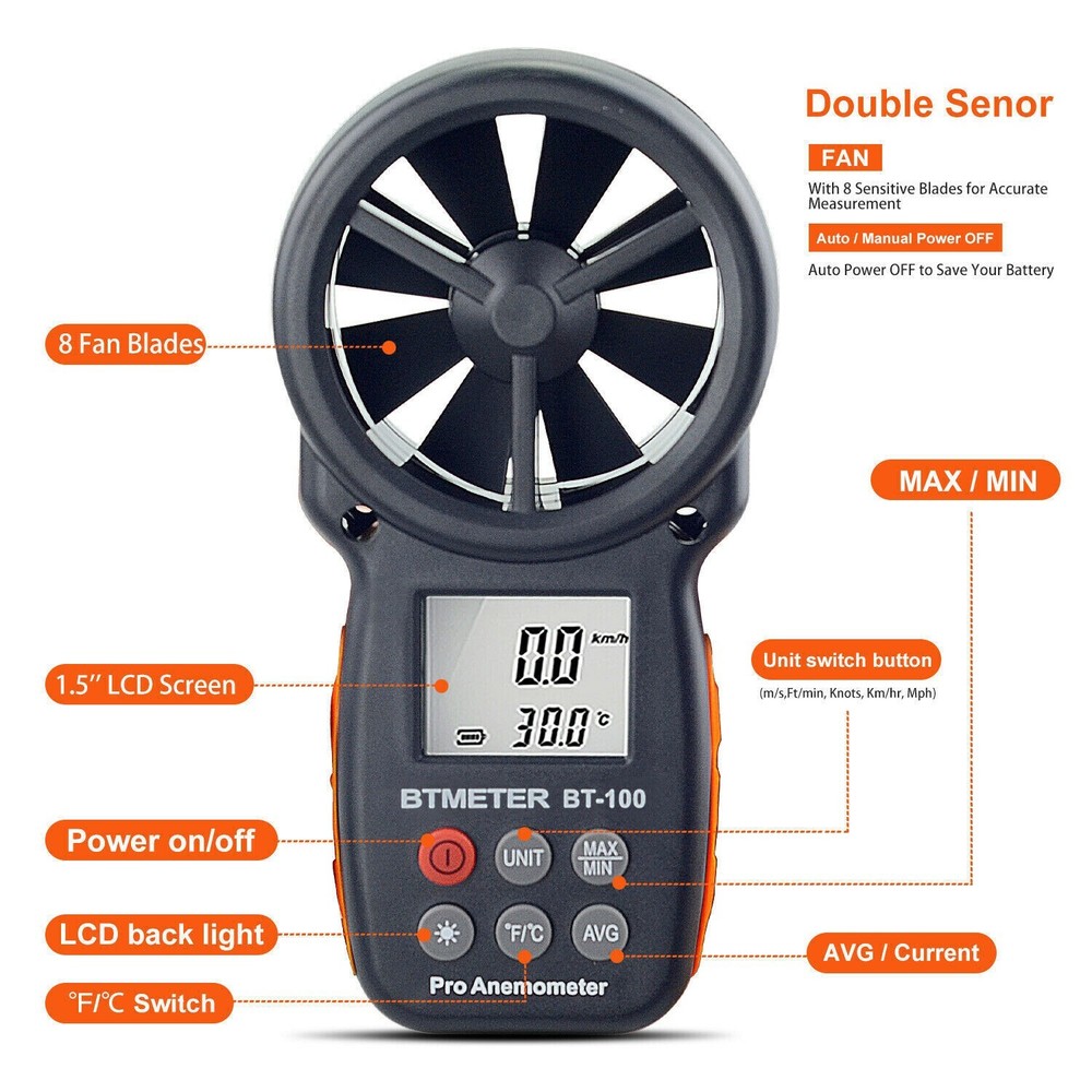 Multifunction Pro Anemometer/Wind speed gage/Wind temperature-BT Meters BT100