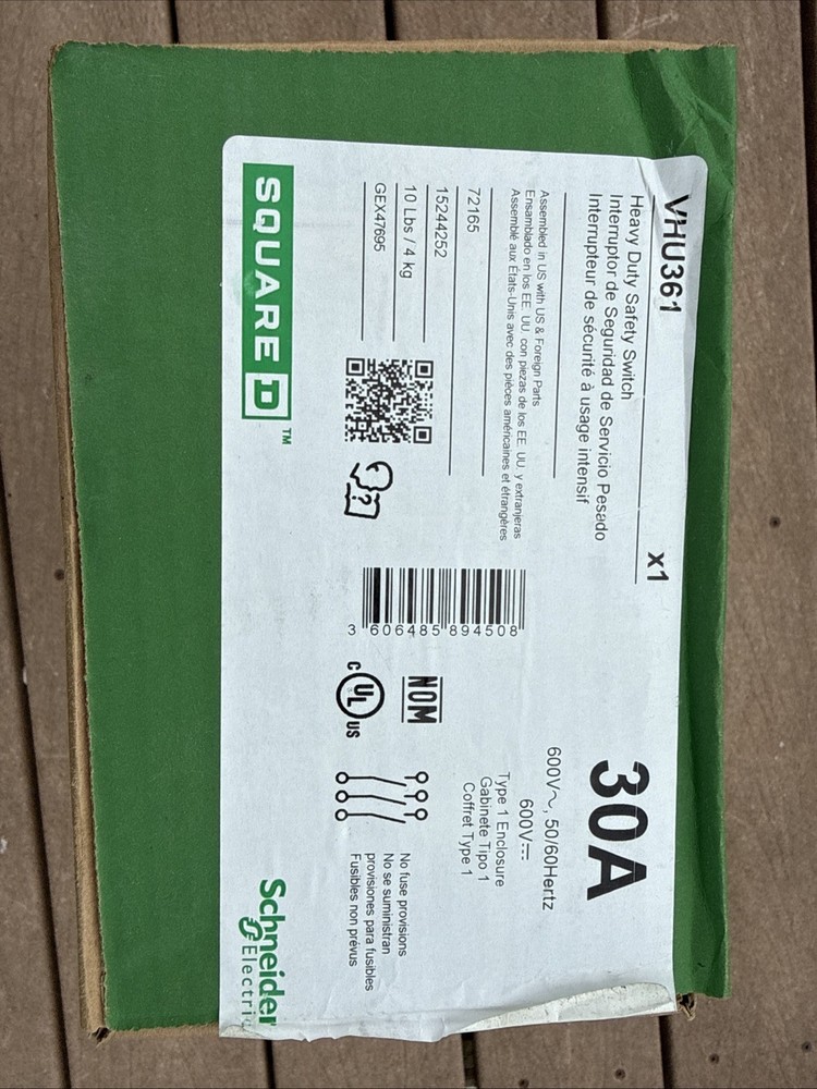 Square D VHU361 Heavy Duty Safety Switch 30A 3-Pole 600V