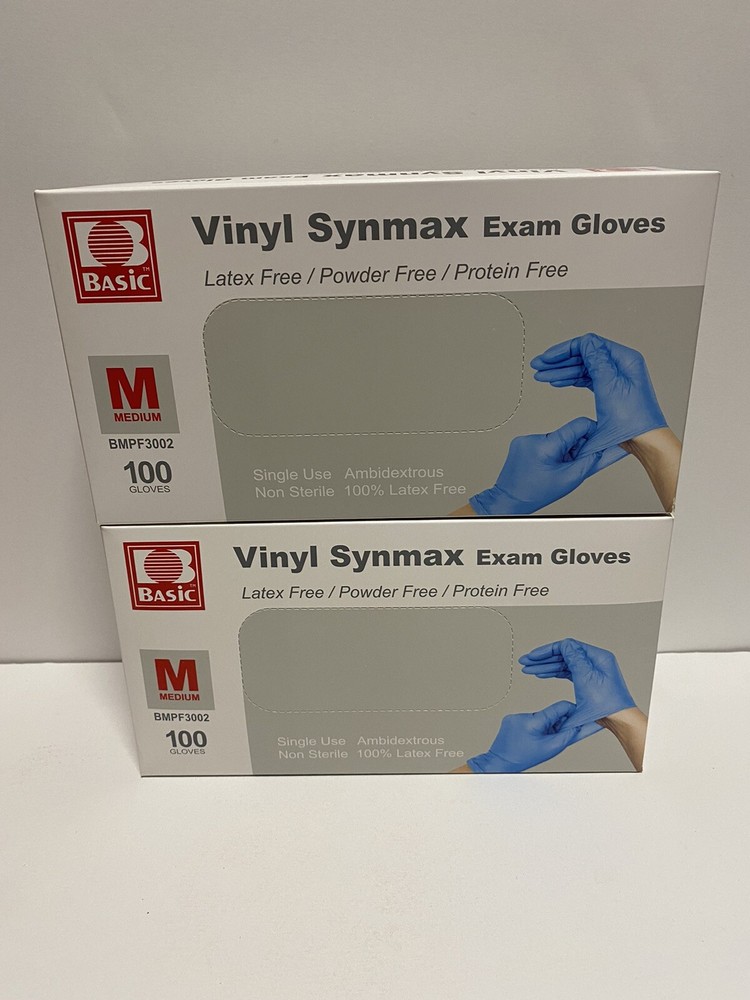 Lot Of (2) Basic Vinyl Synmax Exam Gloves 100ct Box MEDIUM BMPF3002 Latex Free