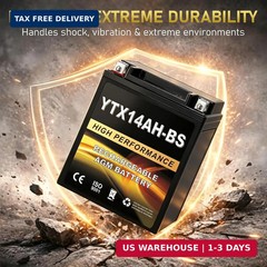 YTX14AH-BS 12V 12Ah AGM Sealed Motorcycle Battery, Maintenance-Free, Compatible