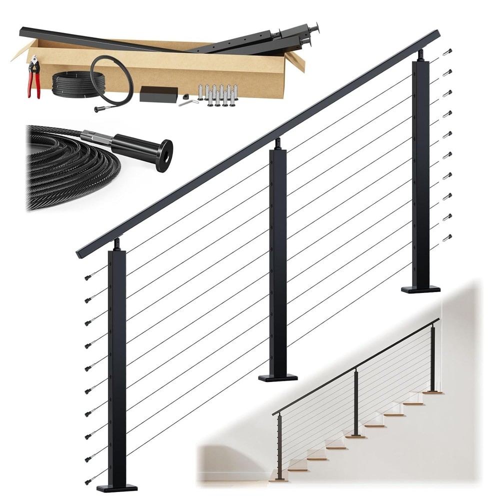 Muzata 4-8FT Black Cable Railing Kit 36″ Stair Post System Complete RC09 DIY