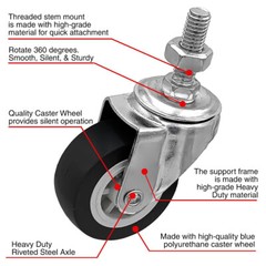 4 Pack 2 Inch Stem Caster Swivel Black Polyurethane Caster Wheels