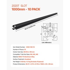10PCS 39.4in (1000mm) T Slot 2020 Aluminum Extrusion Anodized Linear Rail