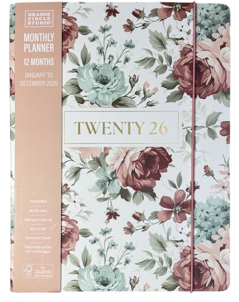 2026 Monthly 12 months Planner Orange Circle Studio Floral Brown Gold 7.5” X 8”