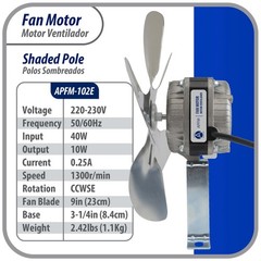 Appli Parts APFM-102E 10W refrigeration condenser and evaporator motor 220V 60Hz