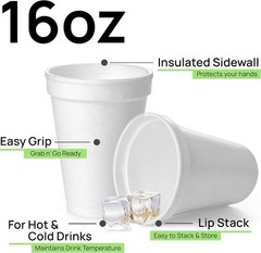 16 Oz Disposable Foam Cups (50 Pack), 50 Count (Pack of 1), 16oz – White