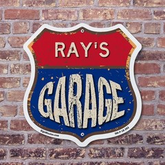 Ray’s Garage Shield Shaped Sign Weather Resistant Crafted in the USA