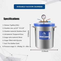 P PBAUTOS 9 Gallon Tempered Glass Vacuum Chamber with Two Rubber Seals, 33L…