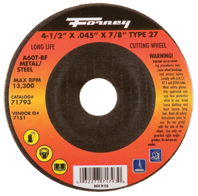Forney 71793 Aluminum Oxide 13,580 rpm 4-1/2 in. Cut-Off Wheel 0.045 in. Thick