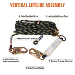 50ft Vertical Fall Lifeline Rope 0.55in ANSI Safety Rope Grab Shock Absorber Set