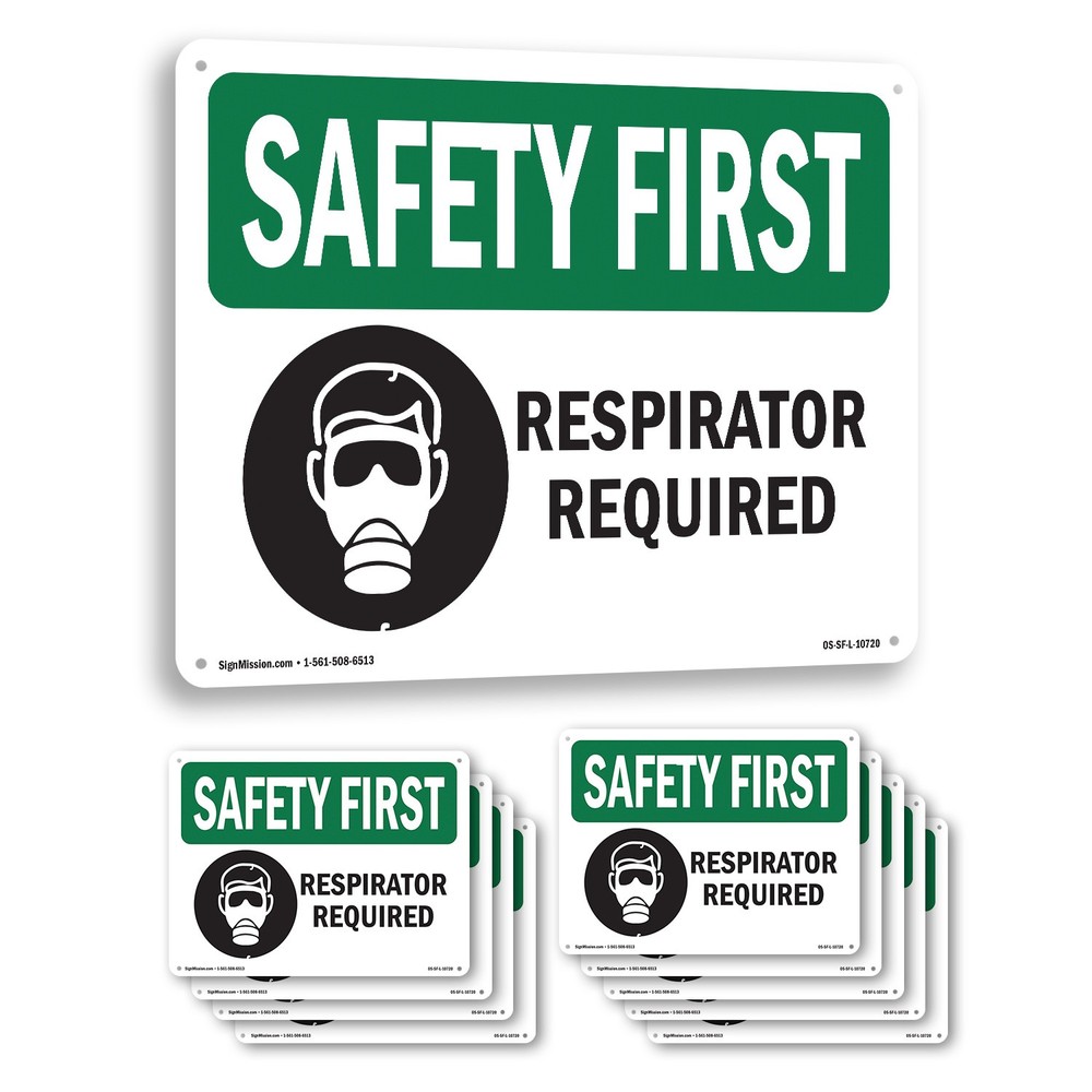 Respirator Required With Symbol OSHA SAFETY FIRST Sign Or Decal – 5 or 10 Pack