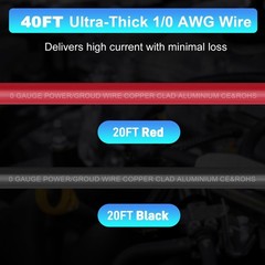 40FT 1/0 AWG Battery Cable 1/0 Gauge Wire Copper Clad Aluminum w/Fuse Holder