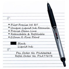Pilot Precise V5 RT, 3 Pens With 4 Packs of Refills, Black Ink, 0.5mm X-Fine