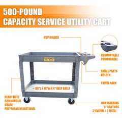 2-Shelf Utility Polypropylene Cart 500 lb Heavy Duty Rolling Plastic 16*30″ Cart