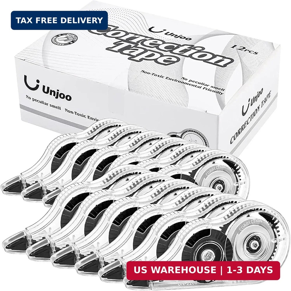 Unjoo White Correction Tape, For school, Office,12pack, 5M/196″x0.2″,Black | Eas