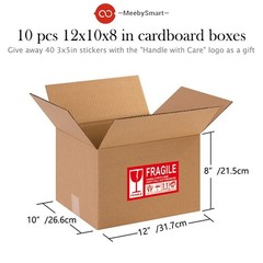 Corrugated Cardboard Shipping Box 12 x 10 x 8 in (6 pieces + 12 Fragile Labels)
