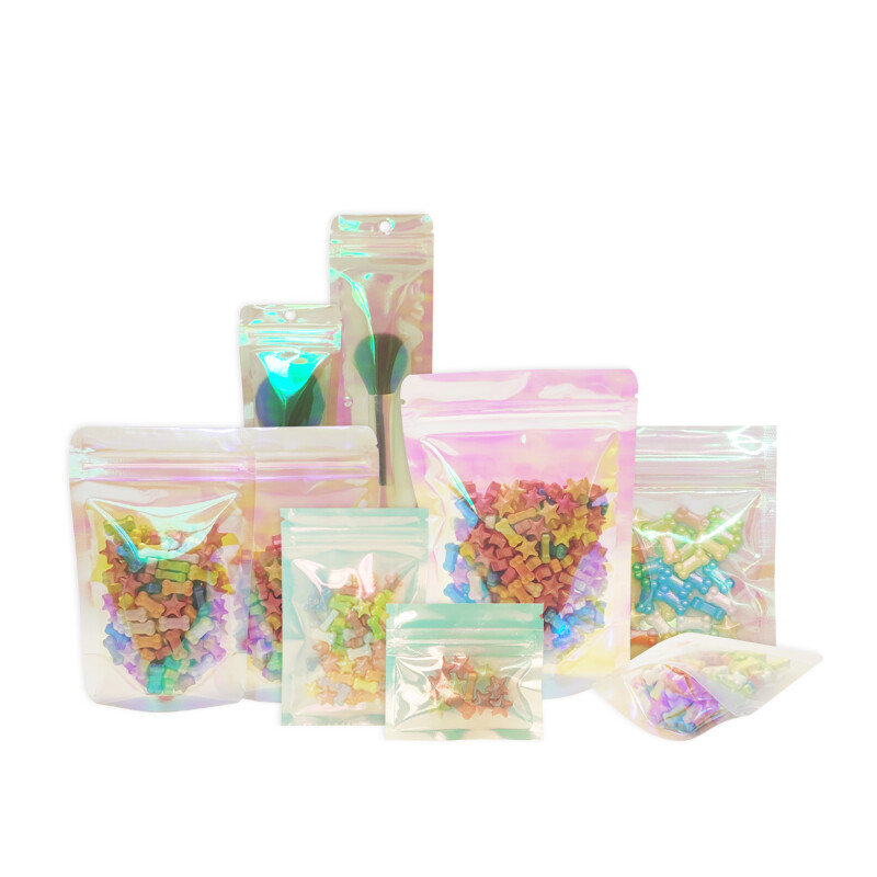100 Pcs Iridescent Zip lock Bags Pouches Cosmetic Hologram Holographic Clear Bag