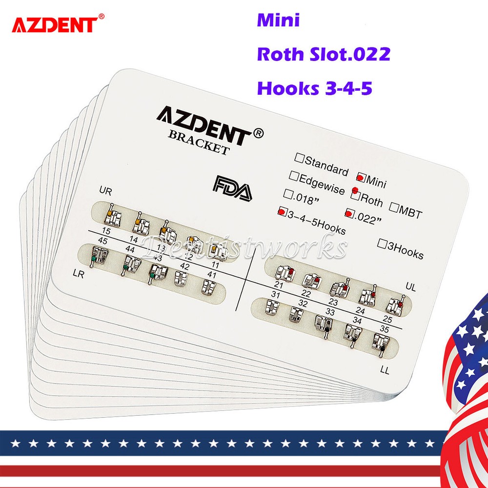 50 kits AZDENT Dental Orthodontics Brackets Brace Mini Roth Slot.022 Hooks 3-4-5
