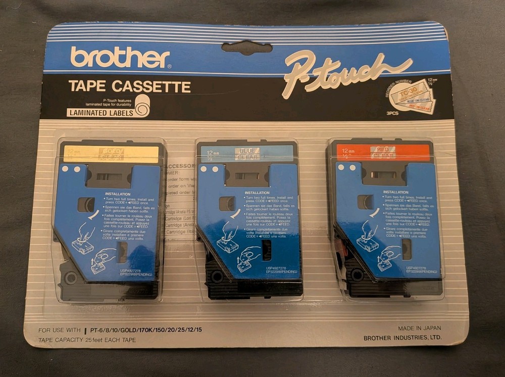3 pack Brother P-touch Labels Tape Tc-30 Gold Blue Red on Clear 1/2 inch 12 mm