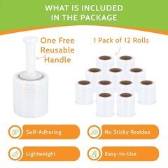 Mini Stretch Wrap Shrink Film, 12 Rolls, 5″x1000′, 50 Gauge, with Plastic Handle