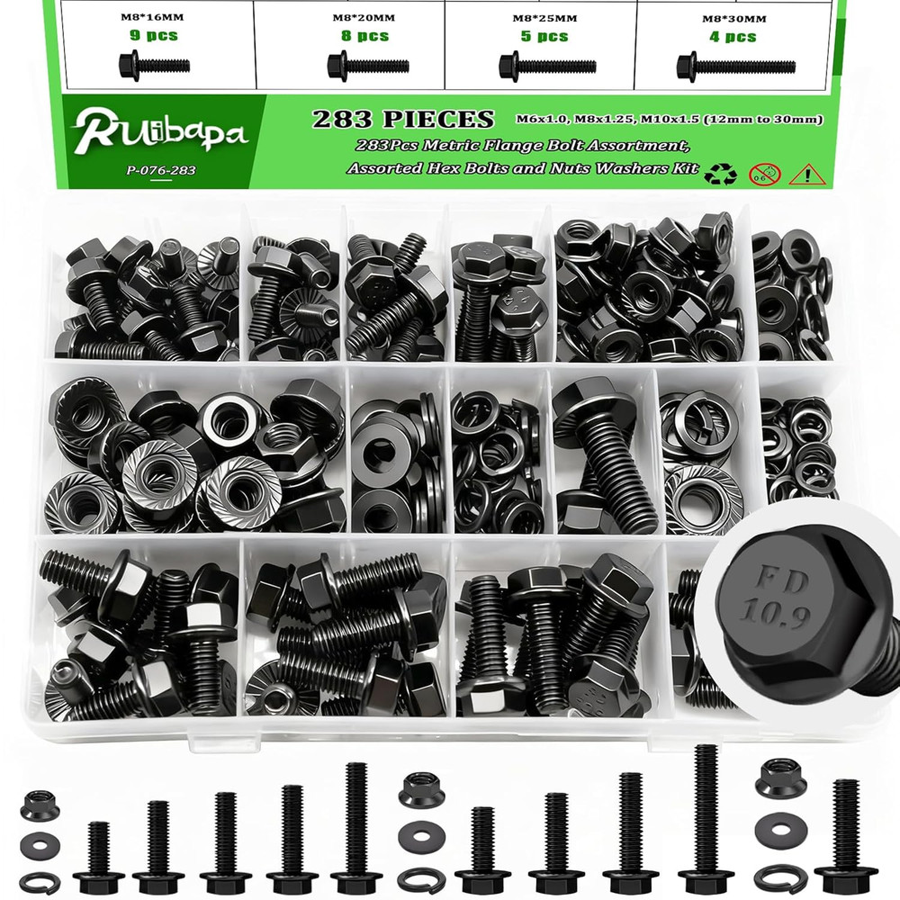 283-Piece Metric Flange Bolt & Nut Assortment Kit, M6–M10, 10.9 Zinc Coated