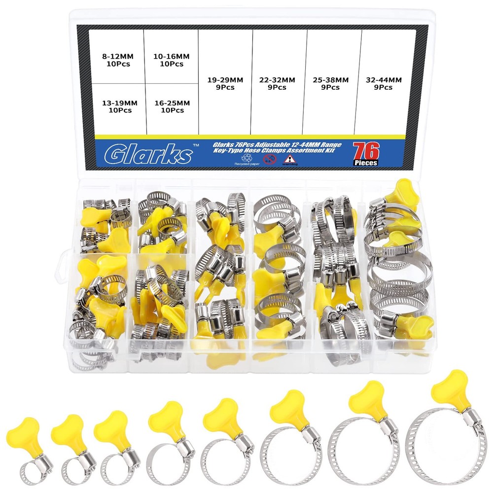 76 Pcs 8-44mm Key-Type Worm Gear Hose Clamps with Plastic Handle