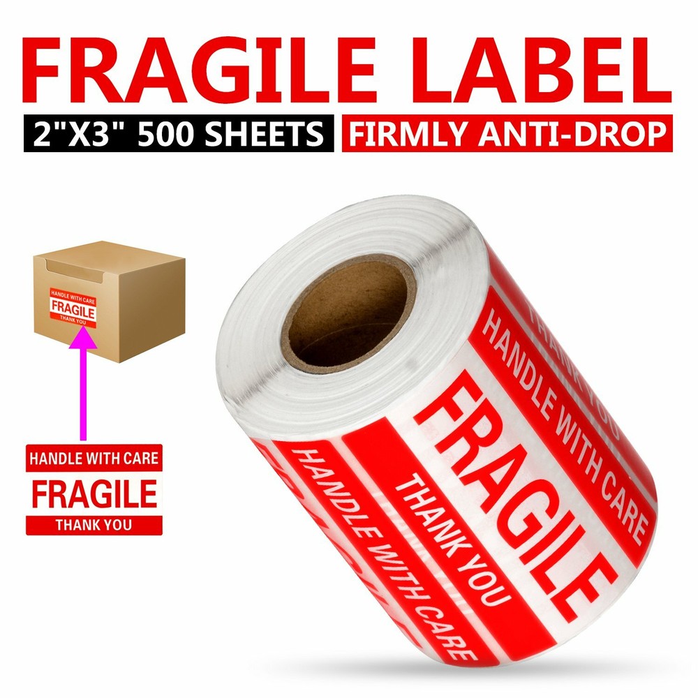 1 Roll 1000 2 x 3 FRAGILE HANDLE WITH CARE Stickers Labels Mailing Shipping