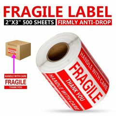 1 Roll 1000 2 x 3 FRAGILE HANDLE WITH CARE Stickers Labels Mailing Shipping