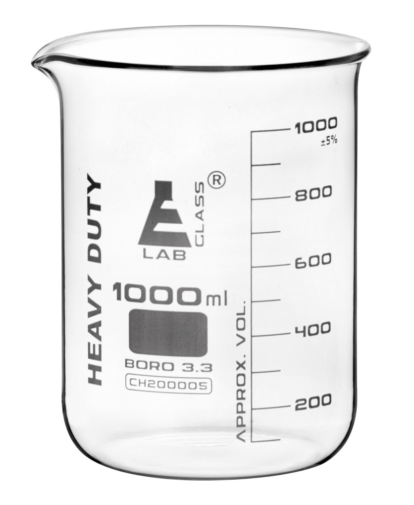 Heavy Duty Beaker, 1000ml – 5mm Thick Walls – White Graduations – Eisco Labs