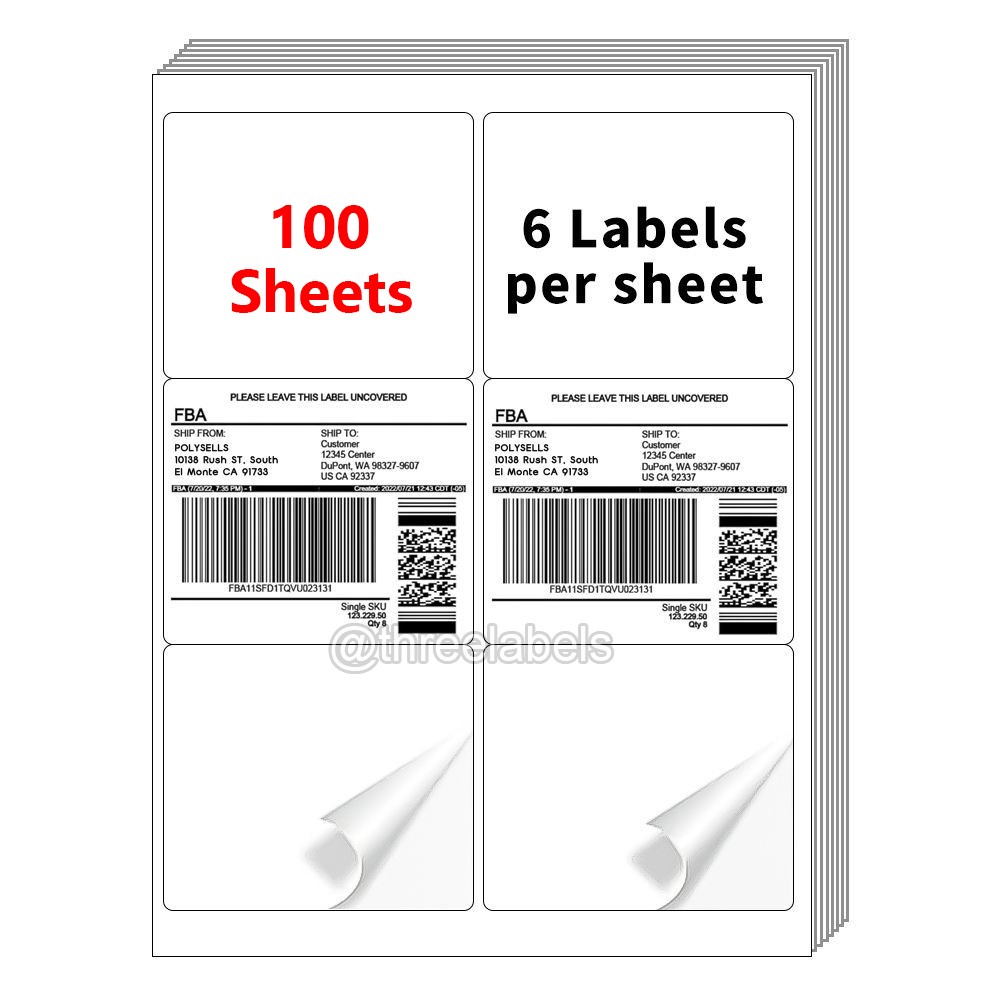 4″ x 3-1/3″ Shipping Labels 6 Per Sheet 6UP Printable Sticker Paper 100 Sheets