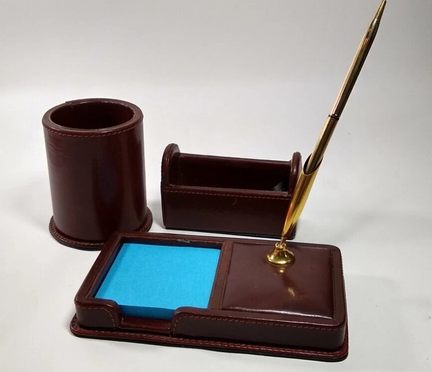 Desk Set 3 Piece ? FAUX LEATHER brown pen note pencil business card holders READ