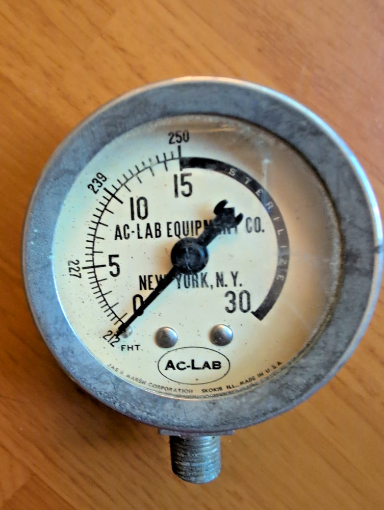 Vintage AC-LAB Equipment Co Laboratory Sterilize Pressure Gauge New York NY USA