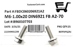 (25) M6 x 1.00 x 20 Stainless Steel DIN6921 A2 Hex Flange Bolts M6x20mm Flange