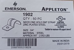 EMT Strap Appleton 1902. Zinc Plated Steel. 3/4″ Neer 1-Hole. (50 pk) Ships Free
