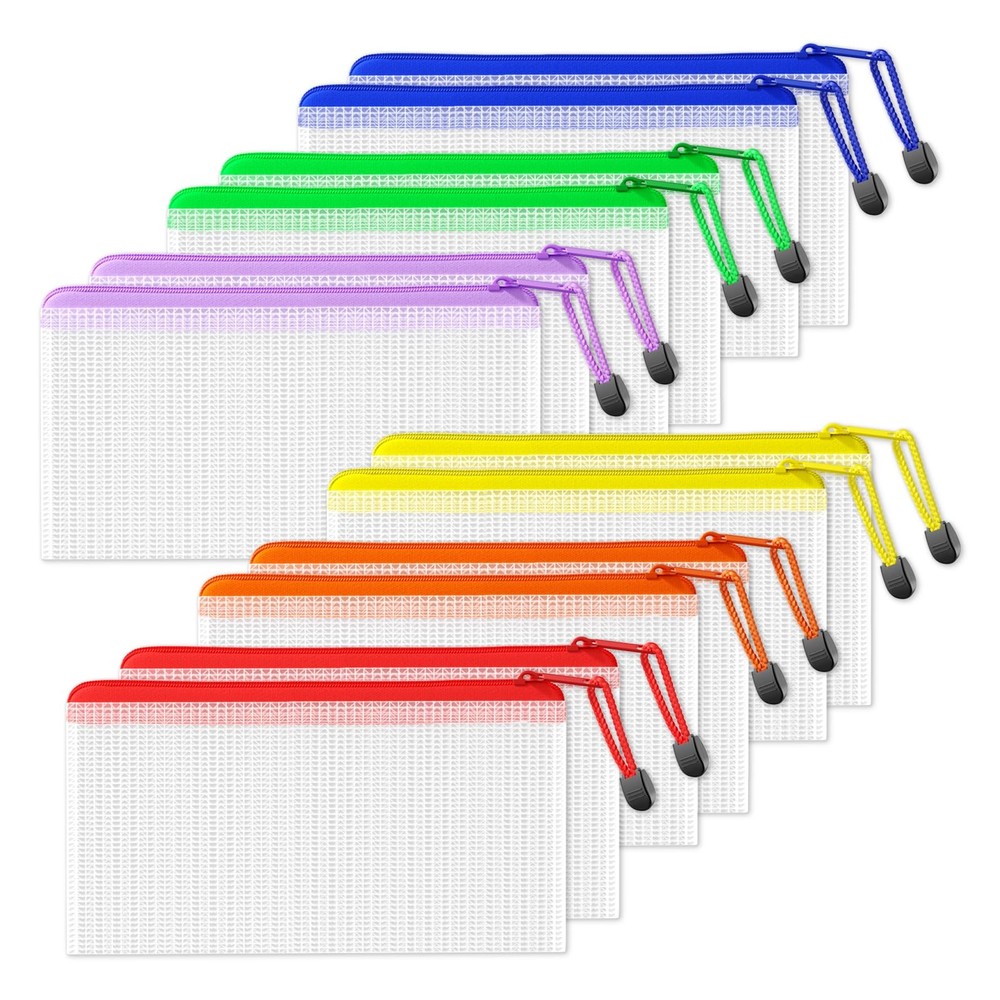 SUNEE Plastic Mesh Zipper Pouch 4.6×9.2 in (6 Colors, 12 Packs), Small Water-…