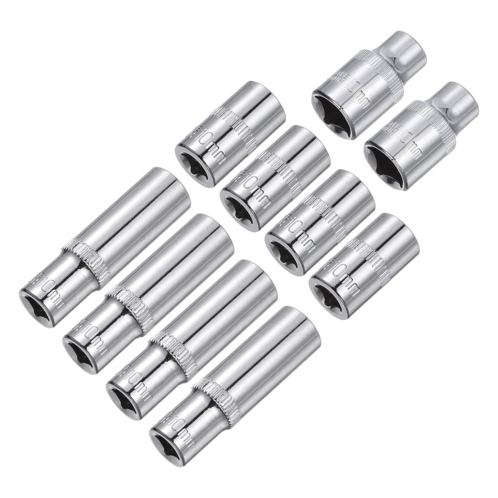 10pcs 6-Point Shallow Socket 10mm 3/8 1/4″ Drive Cr-V Deep Shallow Socket