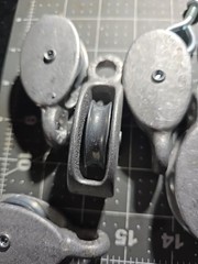 Lot of (5) Costa Rica ~ Aluminum Rope Pulleys 1-1/4″ with (5) 1/4″×1″ Eye Bolts