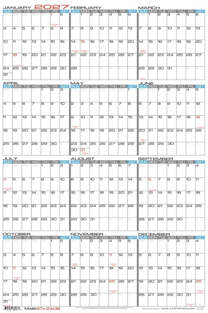 24″ X 36″ Large Vertical 12 Month Laminated Erasable Wall Calendar (Rolled)