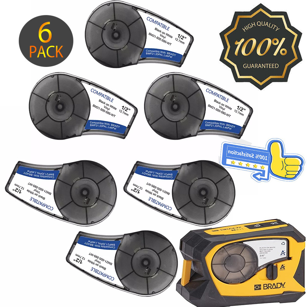 6PCS Label Cartridge For Brady M21-500-595-WT BMP21-PLUS / Lab Black/White 1/2″
