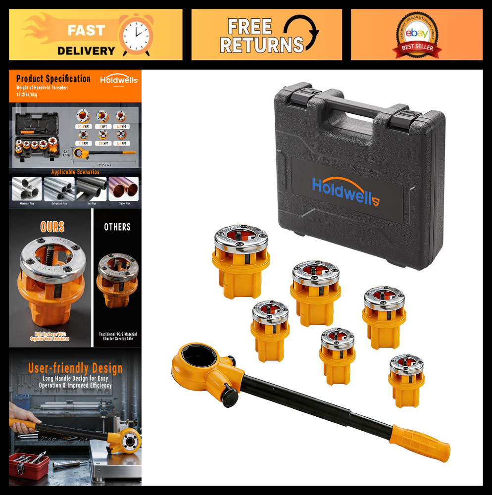 Heavy-Duty Ratchet Pipe Threader Kit with 6 NPT Dies for Metal & PVC Pipes, Port