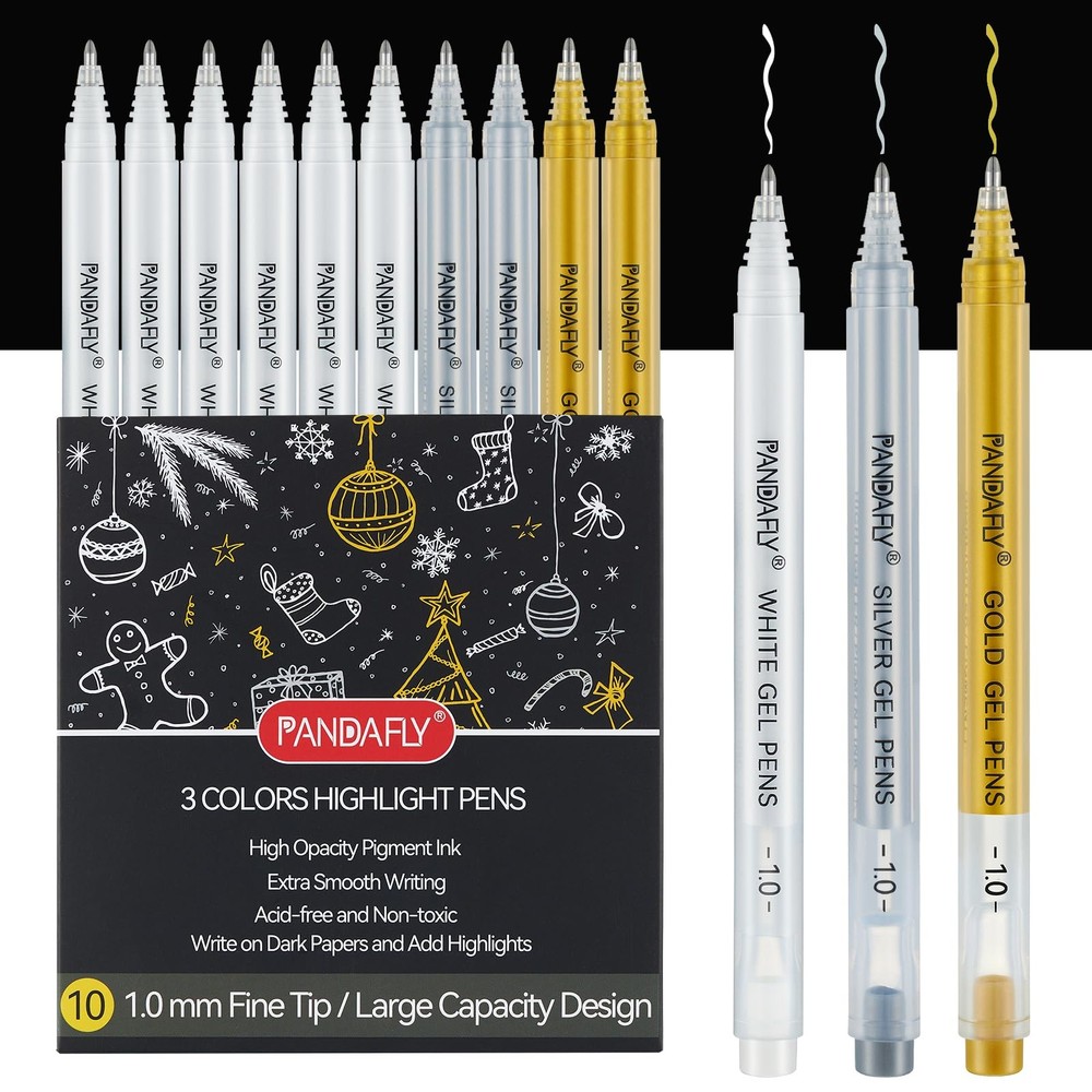 PANDAFLY Gold Silver White Gel Pens, 1 Count (Pack of 10), Multicolor