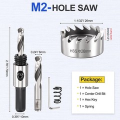1-1/32″(26mm) Hole Saw Kit – Good for Medium-Hard Metal PVC Boards – Silver
