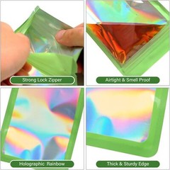 100 Pack Green Holographic Ziplock Bags Resealable Sealable Mylar Packaging Bag