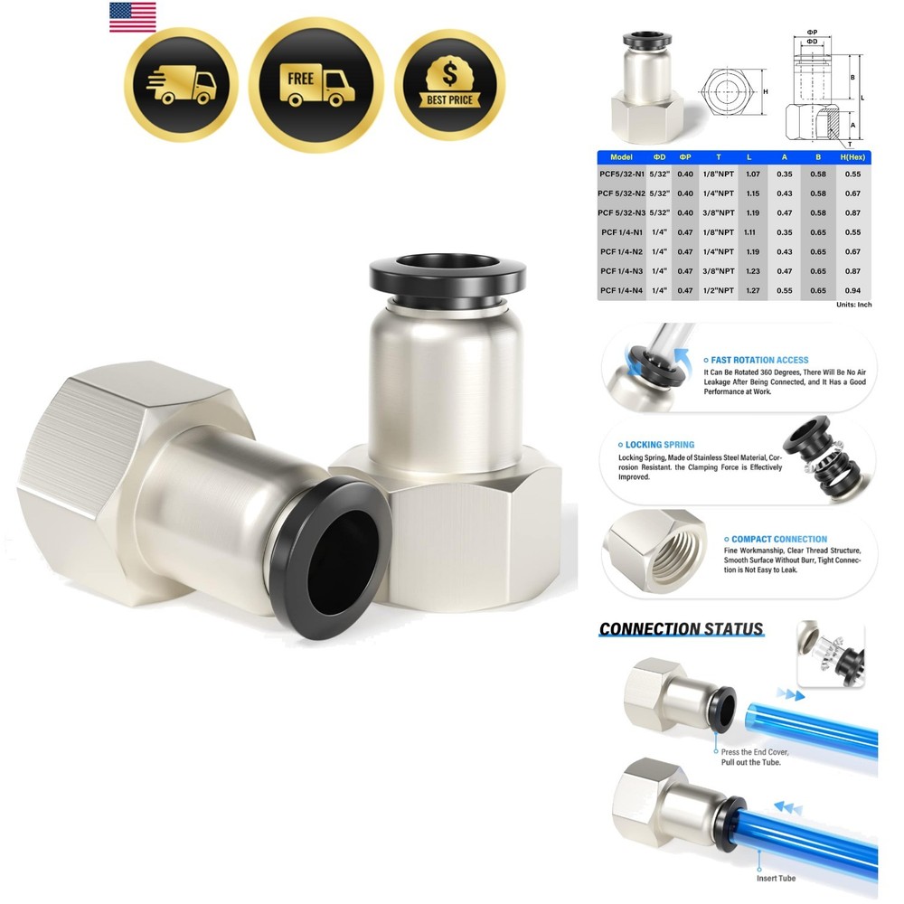 Female Straight 1/4 Inch Tube OD x 1/4 Inch NPT Thread Push to Connect Fittin…