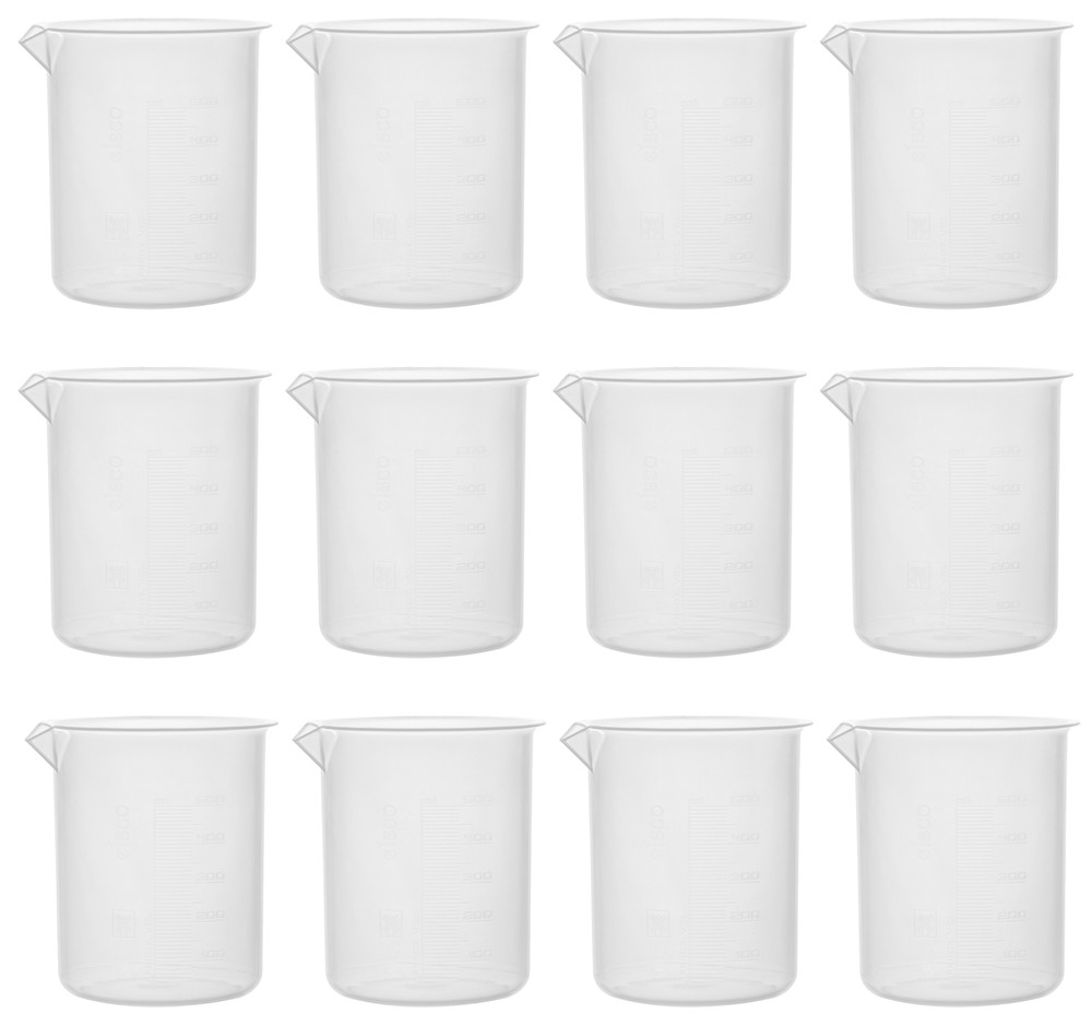 Eisco Labs 500ml Polypropylene Plastic Beakers, Raised Graduations – 12 Pack