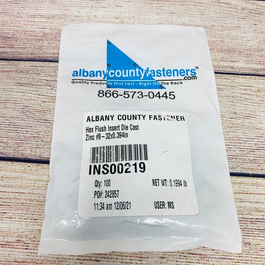 Qty 100, Hex Flush Insert Die Cast Zinc #8- 32×0.394in, Albany County Fasteners