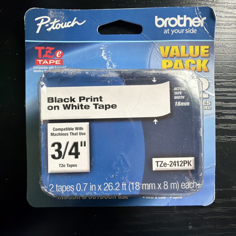 USED – Genuine Brother – P-Touch – TZe-2412PK – 3/4″ – Black on White Tape – 2PK