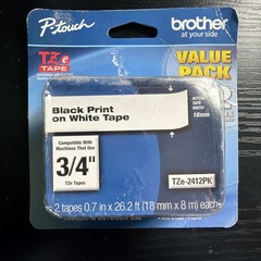 USED – Genuine Brother – P-Touch – TZe-2412PK – 3/4″ – Black on White Tape – 2PK