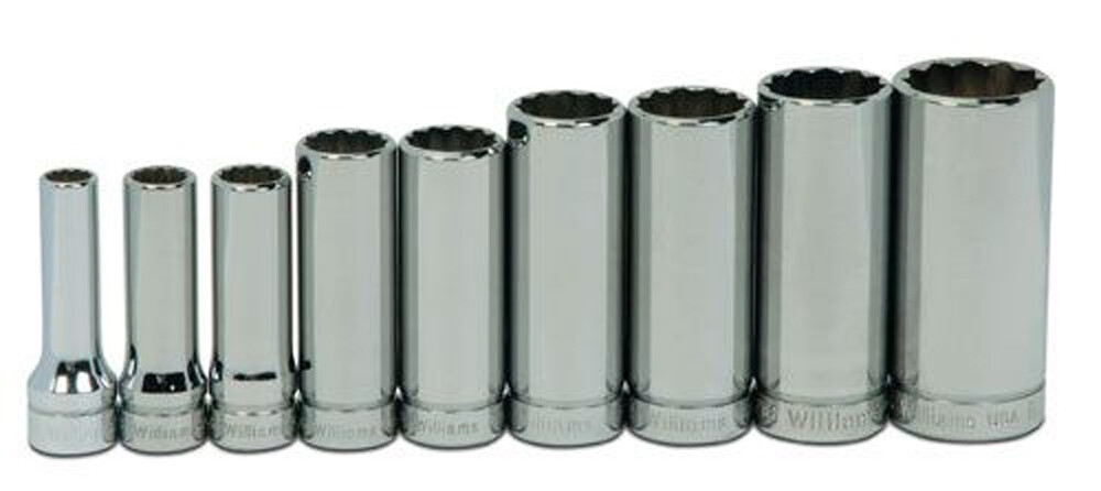 9pc 3/8″-7/8″ 3/8″Drive 12 Point Chrome Deep Clip Rail Socket Set Williams USA