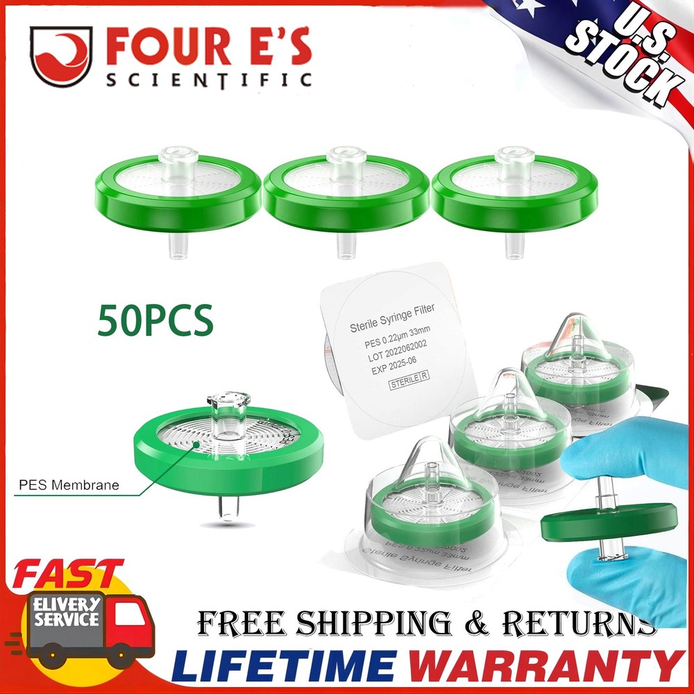 50PCS Lab Syringe Filter Sterile PES Membrane 33mm 0.22µm Individually Packed US